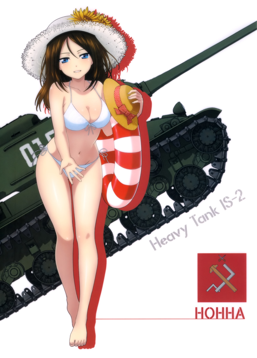 10s 1girl absurdres barefoot bikini blue_eyes breasts brown_hair caterpillar_tracks character_name cleavage collarbone emblem error flower full_body girls_und_panzer groin ground_vehicle hair_between_eyes hat hat_flower highres is-2 leaning_forward long_hair looking_at_viewer medium_breasts military military_vehicle motor_vehicle navel nonna parted_lips pravda_(emblem) shiny shiny_skin side-tie_bikini simple_background smile solo standing stomach straw_hat sunflower swimsuit tank white_background white_bikini white_hat yellow_flower
