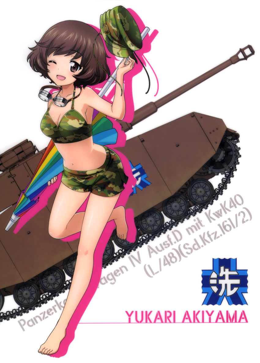 10s 1girl ;d absurdres akiyama_yukari barefoot breasts brown_eyes brown_hair camouflage camouflage_hat camouflage_shirt camouflage_shorts caterpillar_tracks character_name cleavage collarbone emblem eyebrows_visible_through_hair girls_und_panzer glasses_around_neck ground_vehicle hat highres holding holding_hat medium_breasts midriff military military_vehicle motor_vehicle navel one_eye_closed one_leg_raised ooarai_(emblem) open_mouth panzerkampfwagen_iv short_hair short_shorts shorts sideboob simple_background smile solo standing standing_on_one_leg stomach tank tank_top white_background