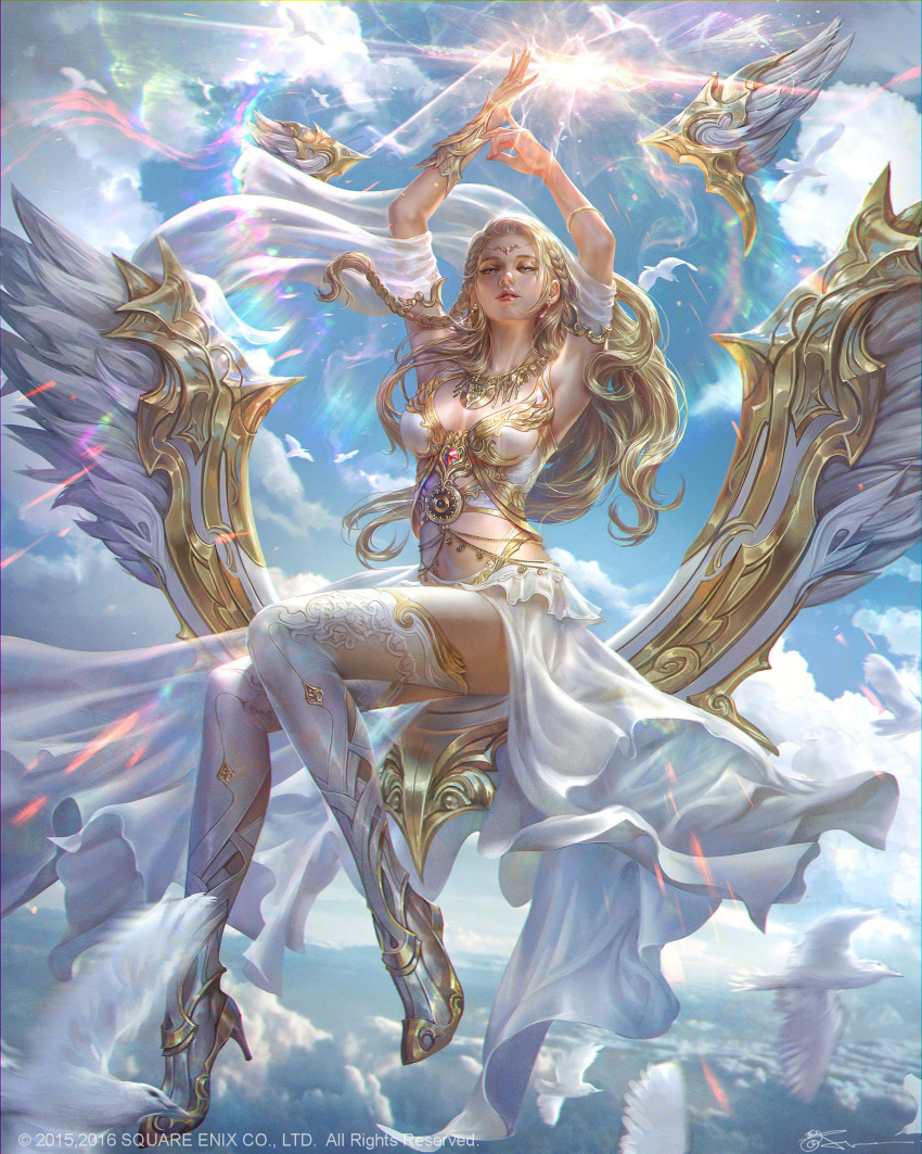 amulet armband bangs bird blonde_hair blue_eyes boots braid breasts cleavage clouds copyright_name dated day diadem dove earrings fingernails flying gem high_heels highres jeremy_chong jewelry levitation long_hair magic mobius_final_fantasy necklace outdoors outstretched_hand parted_lips ring signature sitting sky thigh-highs thigh_boots very_long_hair