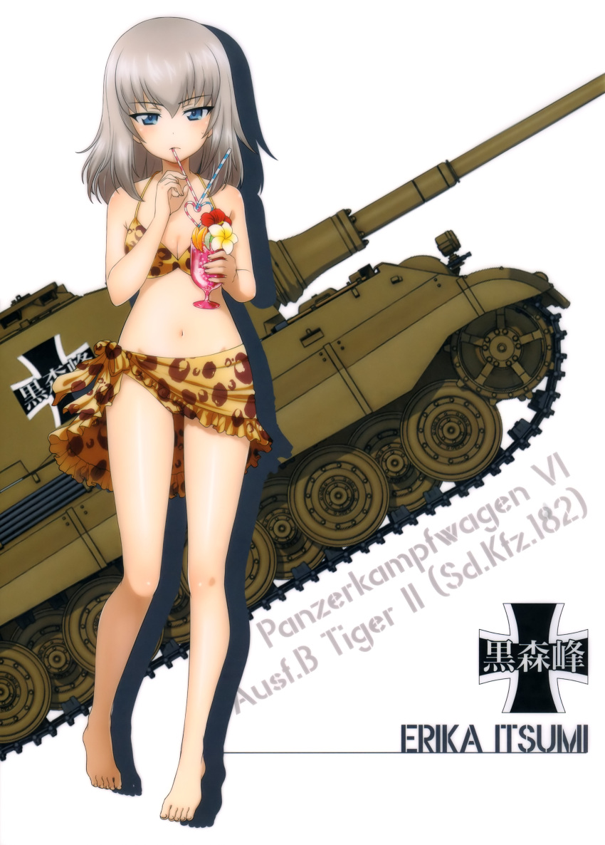 10s absurdres barefoot blue_eyes breasts brown_bikini caterpillar_tracks character_name cleavage collarbone drinking emblem eyebrows_visible_through_hair full_body girls_und_panzer groin ground_vehicle highres itsumi_erika kuromorimine_(emblem) long_hair looking_at_viewer medium_breasts military military_vehicle motor_vehicle navel panzerkampfwagen_iv sarong shiny shiny_skin silver_hair simple_background standing tank white_background
