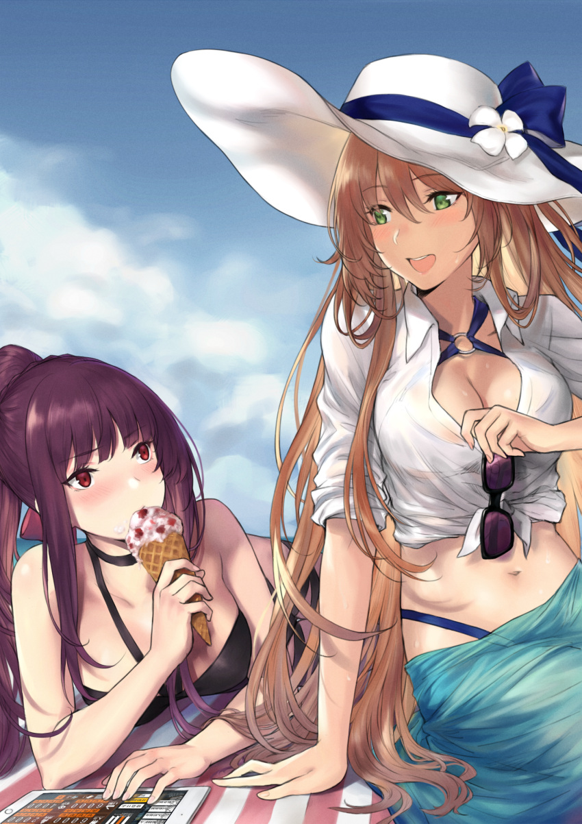 2girls 3: :d bangs bikini black_bikini blonde_hair blue_bikini blush breasts brown_hair cleavage collared_shirt day eating eyebrows_visible_through_hair food girls_frontline green_eyes hair_between_eyes hat highres holding holding_food ice_cream large_breasts leon_v long_hair looking_at_another lying m1903_springfield_(girls_frontline) midriff multiple_girls navel o-ring_top official_style on_stomach open_mouth outdoors ponytail purple_hair red_eyes sarong shirt sidelocks sleeves_rolled_up smile sun_hat swimsuit tablet tied_shirt wa2000_(girls_frontline) white_shirt