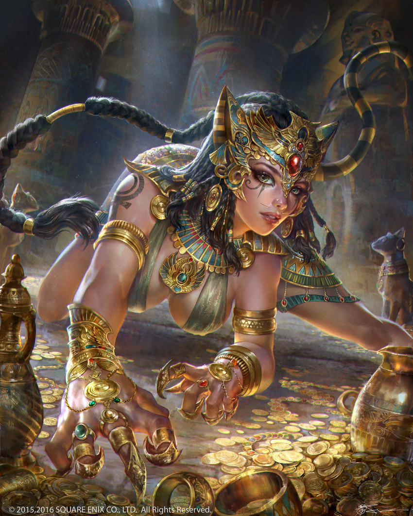 1girl absurdres all_fours amulet animal_ears armband armlet bastet braid breasts cat_ears cat_mask cleavage coin collar copyright_name dated dutch_angle earrings egypt eye_of_horus facial_mark gem gold green_eyes hair_ornament hairband highres indoors jeremy_chong jewelry long_hair mobius_final_fantasy nose_piercing parted_lips piercing pillar pot ring spaulders tail temple very_long_hair watermark whisker_markings