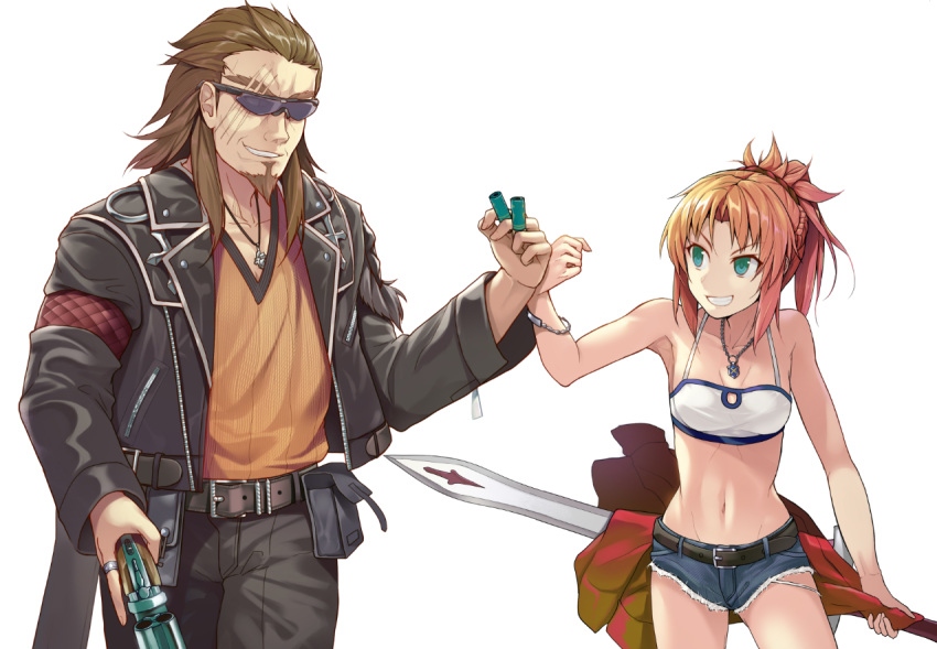 &gt;:d 1boy 1girl :d brown_eyes brown_hair double_barrels facial_hair fate/apocrypha fate_(series) goatee green_eyes grin gun high_five hinami_(hinatamizu) holding jacket jewelry leather leather_jacket light_brown_hair long_hair navel necklace open_mouth ponytail saber_of_red scar shishigou_kairi short_shorts shorts shotgun simple_background smile sunglasses sword weapon white_background