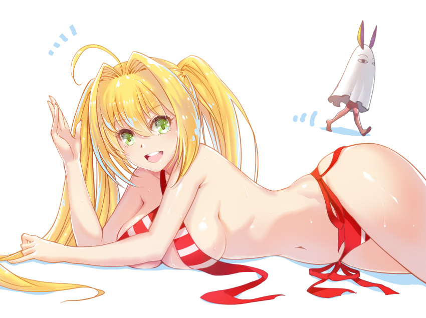 2girls :d ahoge bikini blonde_hair breasts eyebrows_visible_through_hair fate/grand_order fate_(series) green_eyes highres long_hair looking_at_viewer lying medium_breasts multiple_girls navel nero_claudius_(swimsuit_caster)_(fate) nitocris_(fate/grand_order) open_mouth saber_extra simple_background smile striped striped_bikini swimsuit twintails walking wardrobe_malfunction white_background xion32