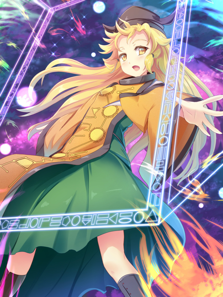 1girl aura black_boots black_hat blonde_hair boots commentary_request door dress eyebrows green_dress hat highres liya long_hair long_sleeves looking_at_viewer matara_okina outstretched_arm solo standing tabard touhou wide_sleeves yellow_eyes
