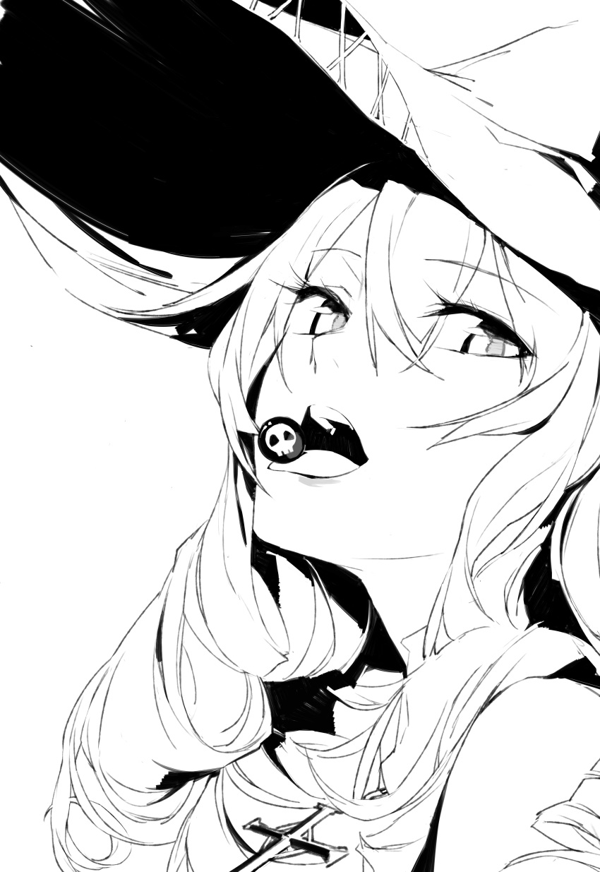 1girl absurdres bangs candy character_request chewing_gum copyright_request cross duoyuanjun food greyscale gumball hair_between_eyes hat highres long_hair looking_at_viewer monochrome open_mouth ringlets simple_background skull solo teeth tongue upper_body witch_hat
