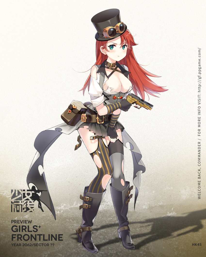 1girl aqua_eyes black_boots black_gloves black_hat black_skirt blush boots breasts cleavage collar fingerless_gloves floating_hair full_body girls_frontline gloves grey_background gun hat high_heel_boots high_heels highres hk45_(girls_frontline) holding holding_gun holding_weapon infukun knee_boots long_hair looking_at_viewer medium_breasts miniskirt parted_lips pleated_skirt redhead shadow shirt skirt solo standing striped striped_gloves striped_legwear thigh-highs torn_clothes torn_shirt torn_skirt torn_thighhighs vertical-striped_legwear vertical_stripes very_long_hair weapon