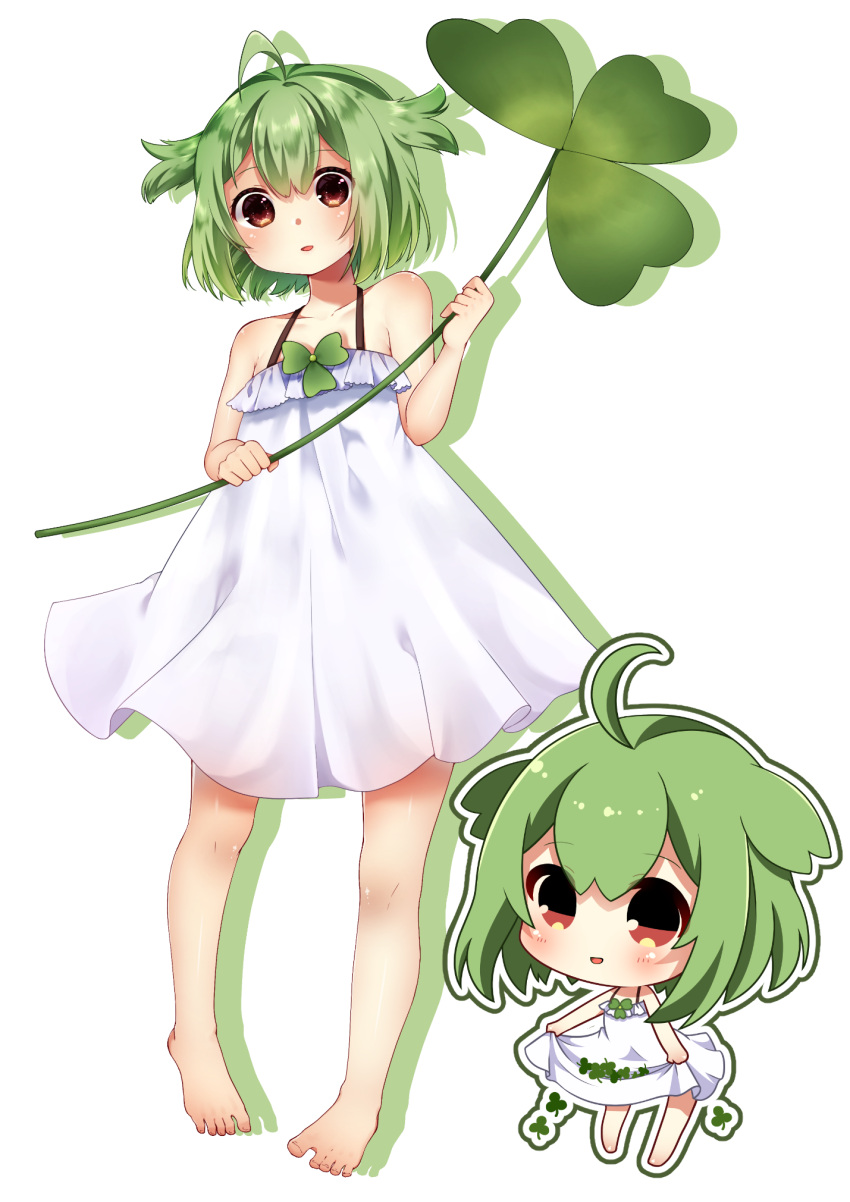 1girl ahoge bare_arms bare_shoulders barefoot blush brown_eyes chibi clover collarbone commentary_request dress eyebrows_visible_through_hair full_body green_hair hair_between_eyes hair_flaps highres nekonomimi original oversized_object parted_lips shadow short_hair skirt_basket smile sundress white_background white_dress