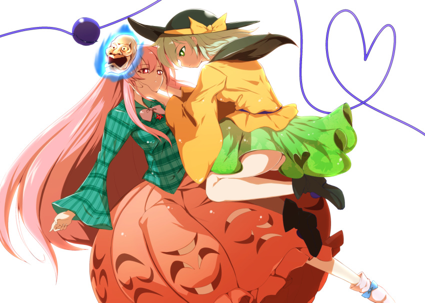 2girls black_hat bow breasts bubble_skirt closed_mouth expressionless eyeball face-to-face face_mask green_eyes green_hair green_skirt hat hat_bow hata_no_kokoro heart heart_of_string highres komeiji_koishi long_skirt long_sleeves looking_at_another mask mask_on_head multiple_girls pandain pink_eyes pink_hair plaid plaid_shirt profile shirt skirt small_breasts third_eye touhou wide_sleeves yellow_bow yellow_shirt