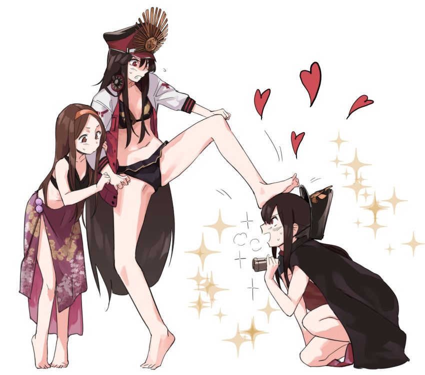 1boy 2girls barefoot bikini binoculars brown_eyes brown_hair cape character_request demon_archer fate/grand_order fate_(series) feet foot_on_head hairband hat highres jacket letterman_jacket muchi_maro multiple_girls oda_nobukatsu_(fate/grand_order) peaked_cap red_eyes sarong sidelocks swimsuit white_background