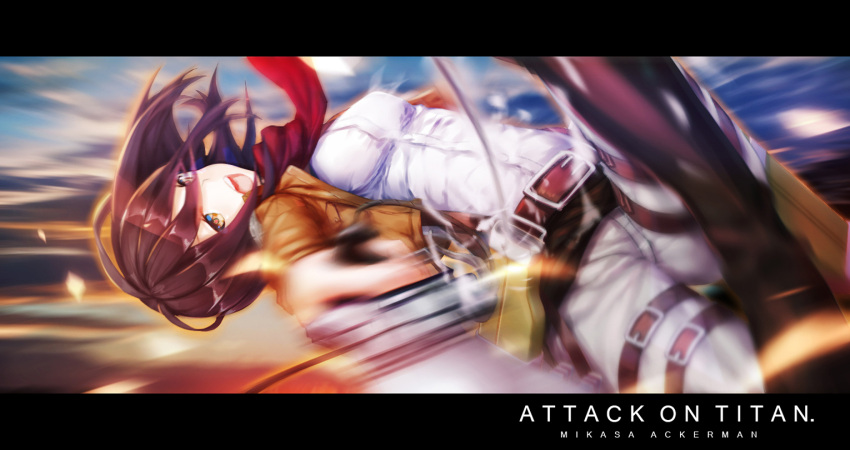 1girl belt black_legwear breasts brown_hair character_name copyright_name holding holding_sword holding_weapon large_breasts looking_at_viewer mikasa_ackerman open_mouth pantyhose red_scarf scarf shingeki_no_kyojin solo sword teeth upside-down weapon yellow_eyes yilan