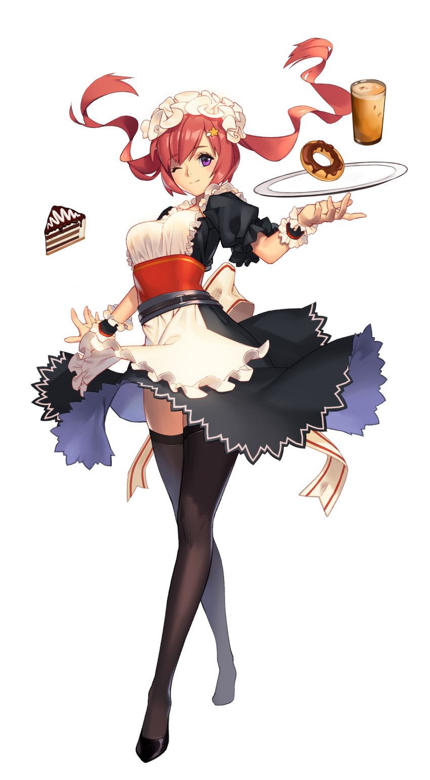 1girl ;) absurdres apron black_legwear black_shoes blush breasts cake closed_mouth cup doughnut drinking_glass floating_hair food full_body hair_ornament hairclip highres large_breasts long_hair looking_at_viewer maid maid_apron maid_headdress niangsansansan one_eye_closed original puffy_short_sleeves puffy_sleeves redhead shoes short_sleeves simple_background smile solo standing star star_hair_ornament thigh-highs tray twintails underbust violet_eyes white_background wrist_cuffs