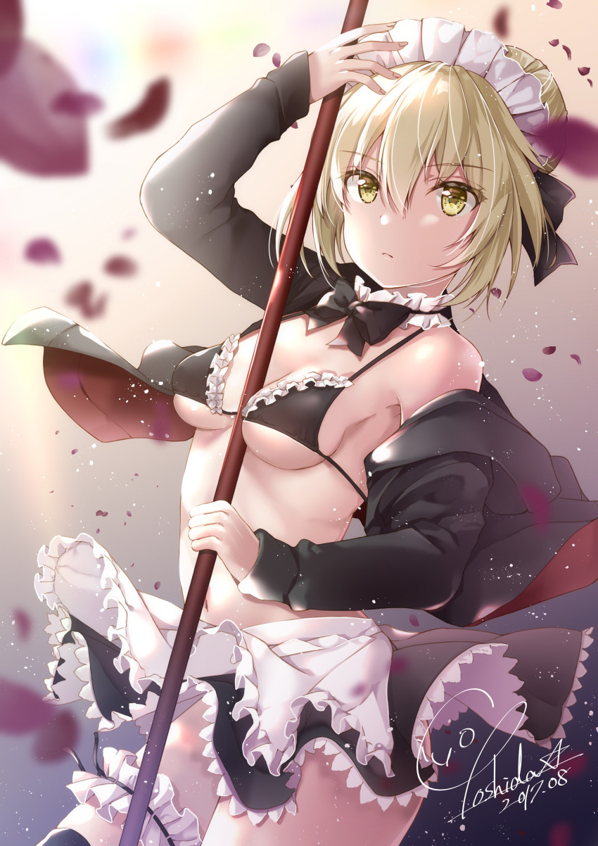 1girl absurdres apron arm_up artoria_pendragon_(all) between_breasts black_bow black_bowtie black_bra black_jacket black_skirt bow bowtie bra breasts brown_hair choker cleavage cowboy_shot eyebrows_visible_through_hair fate/grand_order fate_(series) frilled_bra frills hair_between_eyes highres holding holding_weapon jacket maid_headdress miniskirt open_clothes open_jacket polearm saber_alter short_hair sideboob skirt small_breasts solo standing thigh_strap under_boob underwear weapon white_apron yellow_eyes yoshida_iyo