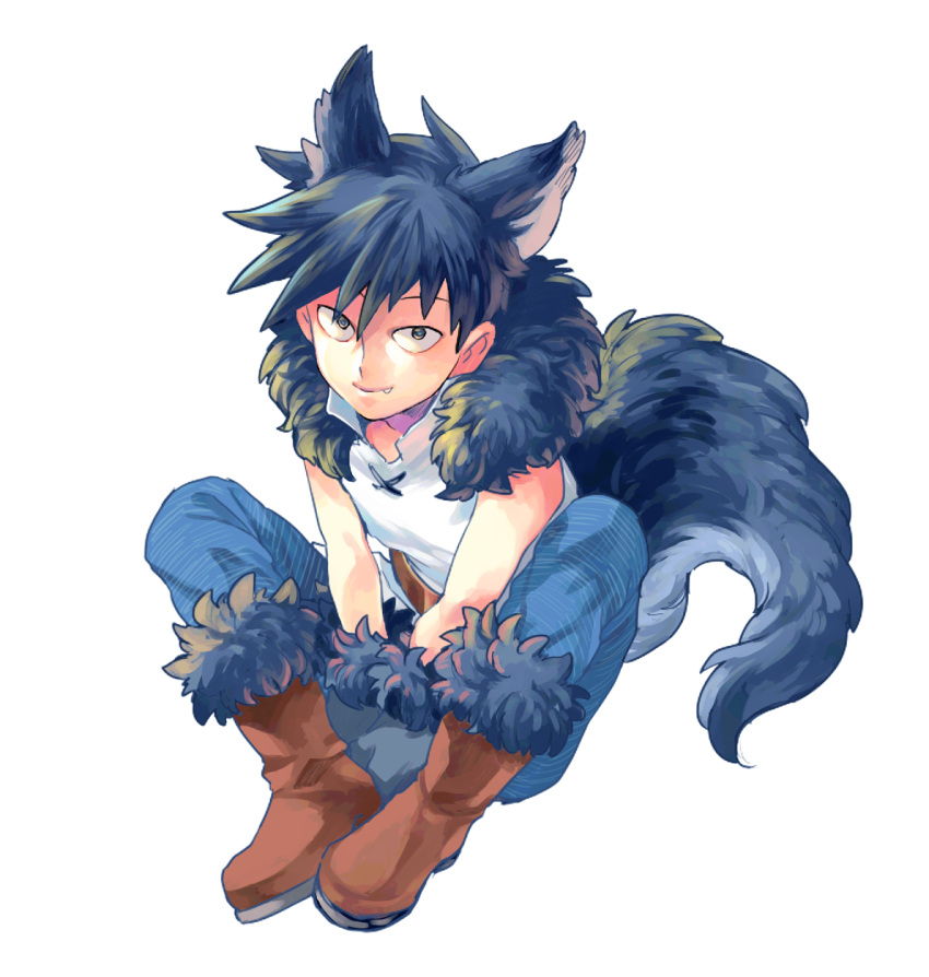 1boy animal_ears black_eyes black_hair boots brown_boots fang full_body gloves highres kageyama_ritsu kemonomimi_mode male_focus mob_psycho_100 paw_gloves paws sitting smile solo tail u-min wolf_ears wolf_tail