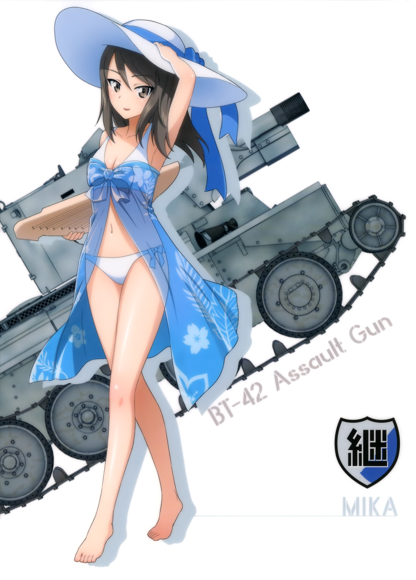 10s 1girl absurdres arm_up armpits barefoot bikini blue_hat blue_ribbon breasts brown_eyes brown_hair bt-42 caterpillar_tracks cleavage collarbone eyebrows_visible_through_hair floating_hair full_body girls_und_panzer ground_vehicle hair_between_eyes harpsicord hat hat_ribbon highres long_hair looking_at_viewer mika_(girls_und_panzer) military military_vehicle motor_vehicle navel ribbon school_uniform shiny shiny_skin simple_background small_breasts smile solo standing sun_hat swimsuit tank white_background white_bikini