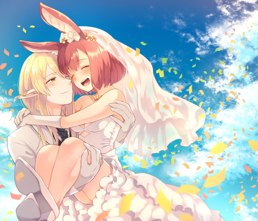 1boy 1girl animal_ears arms_around_neck bangs blonde_hair breasts calm_mashiro carrying cleavage closed_eyes clouds confetti couple day dress elf formal gloves green_eyes groom hound_(sekaiju) jewelry legs long_hair looking_at_another necklace one_eye_closed open_mouth pink_hair pointy_ears princess_carry rabbit_ears sekaiju_no_meikyuu sekaiju_no_meikyuu_5 shoes short_hair sky smile suit veil warlock_(sekaiju) wedding wedding_dress white_dress white_gloves white_shoes white_suit