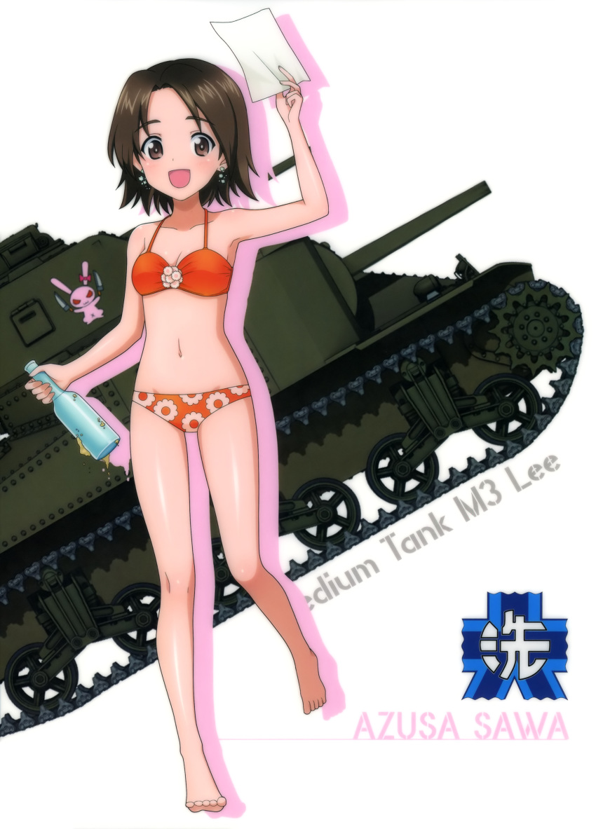 10s 1girl :d absurdres arm_up barefoot bikini bottle breasts brown_eyes brown_hair caterpillar_tracks character_name cleavage collarbone earrings emblem girls_und_panzer ground_vehicle highres holding holding_bottle jewelry looking_at_viewer m3_lee military military_vehicle motor_vehicle navel ooarai_(emblem) open_mouth orange_bikini sawa_azusa shiny shiny_skin short_hair simple_background small_breasts smile solo standing swimsuit tank white_background
