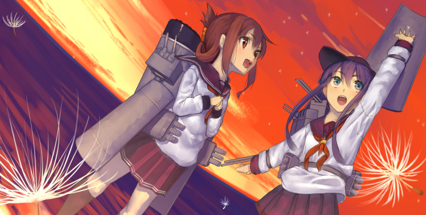 2girls akatsuki_(kantai_collection) anchor_symbol brown_eyes brown_hair dandelion_seed flat_cap folded_ponytail hand_up hat inazuma_(kantai_collection) kantai_collection long_hair multiple_girls nanao_(aoyamahikari) neckerchief pleated_skirt purple_hair red_sky rigging school_uniform serafuku skirt sky