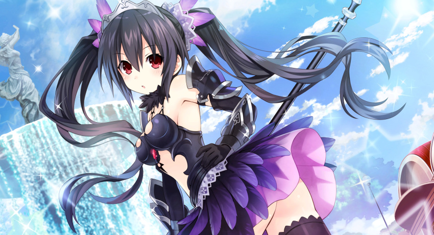 1girl absurdres alternate_costume armor armored_dress bare_shoulders black_hair breasts day fantasy fountain four_goddesses_online:_cyber_dimension_neptune gauntlets gloves hair_ornament highres long_hair looking_at_viewer medium_breasts neptune_(series) noire official_art red_eyes shiny sky solo sparkle thigh-highs tsunako twintails water zettai_ryouiki