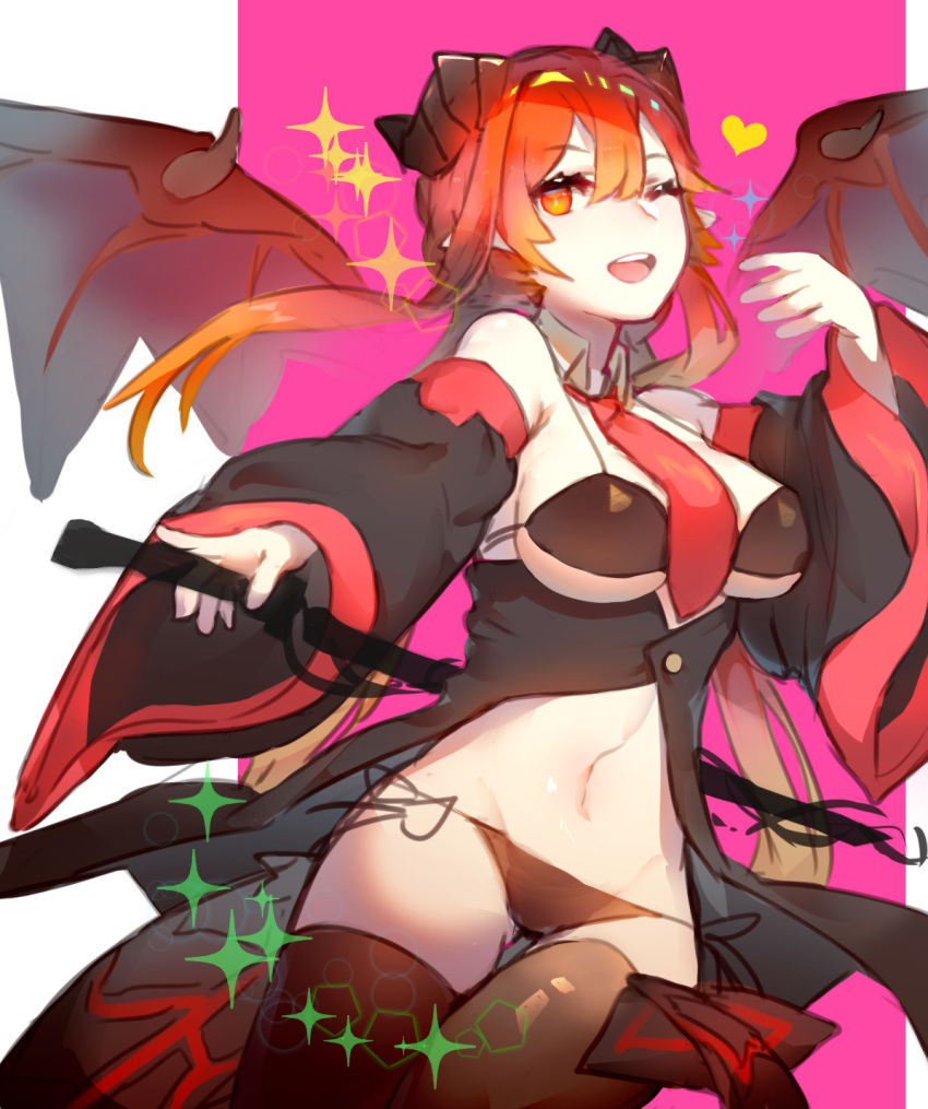 1girl ;d allos between_breasts bikini black_bikini black_legwear breasts demon_girl demon_wings detached_collar detached_sleeves highres large_breasts navel necktie necktie_between_breasts one_eye_closed open_mouth original red_eyes redhead reverse_grip smile solo swimsuit thigh-highs thigh_gap under_boob wings