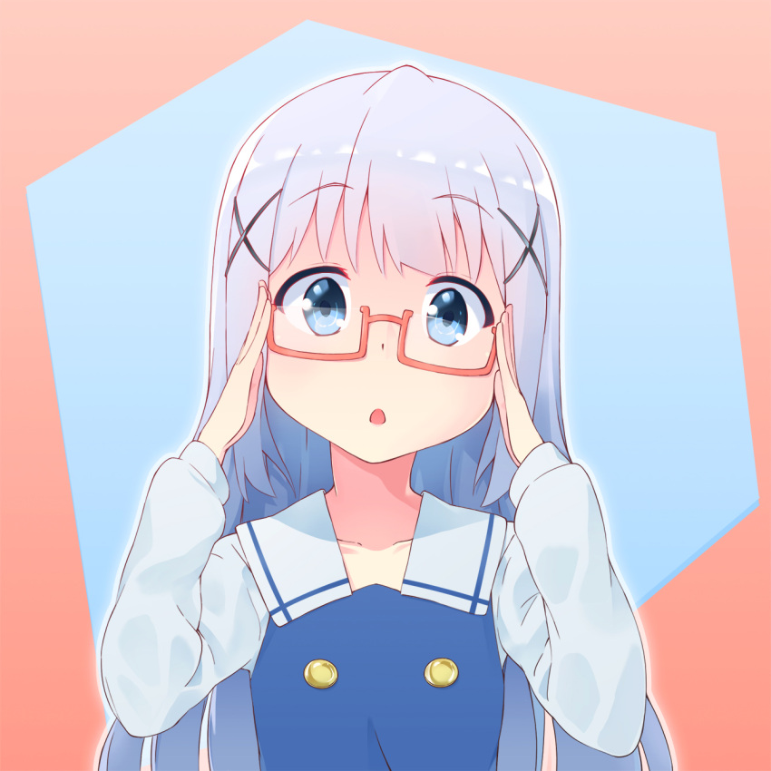 1girl :o adjusting_glasses bangs bespectacled blue_dress blue_eyes blush chestnut_mouth coffeiz_p collarbone collared_dress commentary_request dress eyebrows_visible_through_hair flat_chest glasses gochuumon_wa_usagi_desu_ka? hair_ornament hairclip highres kafuu_chino light_blue_hair long_hair long_sleeves looking_at_viewer open_mouth outline red-framed_eyewear school_uniform semi-rimless_glasses shirt sidelocks solo two-tone_background under-rim_glasses undershirt upper_body white_outline white_shirt x_hair_ornament