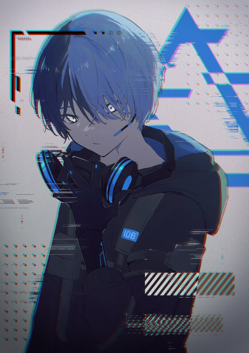 1boy aoyagi_touya blue_hair close_game/offline_(project_sekai) closed_mouth commentary_request dark_blue_hair glowing glowing_eyes grey_eyes headset highres hood hood_down image_sample jishio long_sleeves looking_at_viewer male_focus mask mask_removed mole mole_under_eye multicolored_hair official_alternate_costume official_alternate_hairstyle project_sekai short_hair solo split-color_hair twitter_sample two-tone_hair upper_body