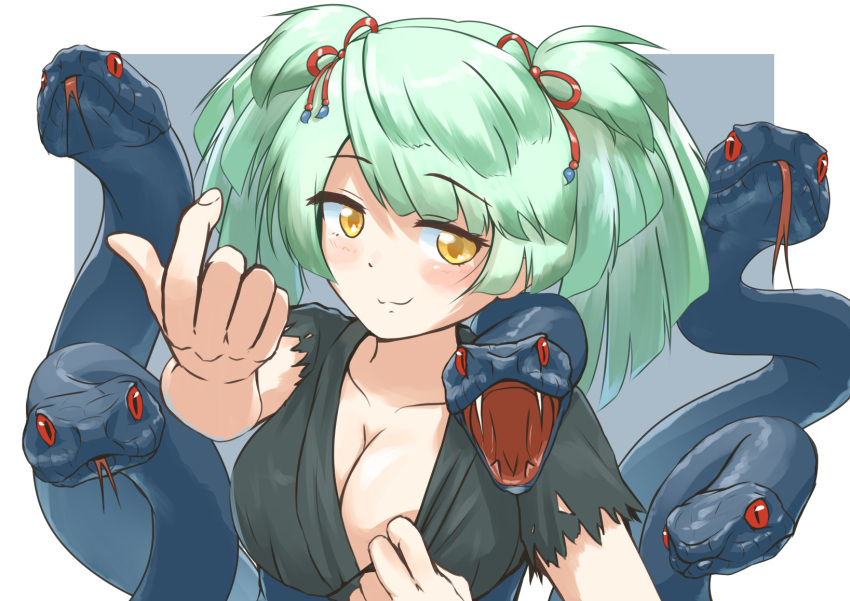 1girl akatsuki_no_akatsuki blush bow breasts cleavage fangs green_hair highres kemono_friends large_breasts long_hair open_mouth simple_background snake solo torn_clothes upper_body white_background yamata_no_orochi_(kemono_friends) yellow_eyes