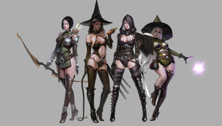 4girls absurdres archery arm_behind_back armor arrow bare_hips bare_shoulders belt belt_buckle bikini_armor black_gloves black_hair black_hat blue_eyes book boots bow_(weapon) bowl_cut bra breasts brooch brown_eyes brown_hair buckle carrot cleavage cleavage_cutout closed_mouth collar contrapposto detached_sleeves earrings elbow_gloves erect_nipples food gloves green_eyes green_hat hat hat_over_one_eye high_heel_boots high_heels highres hip_bones holding holding_book holding_food holding_sword holding_weapon holding_whip hood j._won_han jacket jewelry lace_trim leather leather_boots leather_jacket leg_up legs_apart legs_crossed leotard long_hair looking_at_viewer magic metal_gloves midriff mismatched_footwear mismatched_gloves multiple_girls navel navel_cutout necklace original panties pelvic_curtain potion profile quiver reading sash scabbard sheath sheathed short_hair side_cutout simple_background skull sleeveless spaulders standing strap sword thigh-highs thigh_boots tunic underwear very_long_hair wavy_hair weapon whip white_hair witch_hat