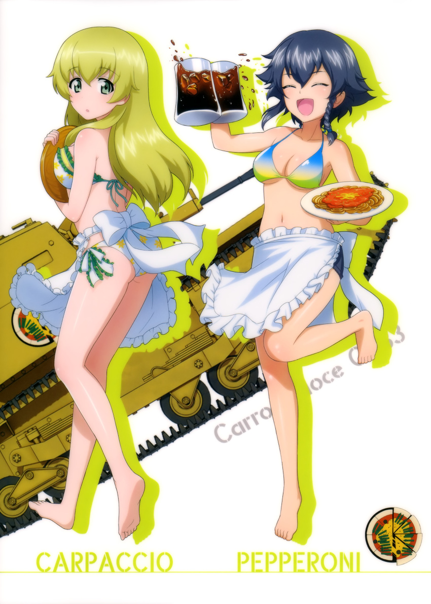 10s 2girls absurdres apron ass barefoot bikini bikini_top black_hair black_shorts blonde_hair braid breasts carpaccio caterpillar_tracks character_name cleavage closed_eyes collarbone eyebrows_visible_through_hair frilled_bikini frills full_body girls_und_panzer green_eyes ground_vehicle hair_between_eyes highres holding long_hair looking_at_viewer looking_back medium_breasts military military_vehicle motor_vehicle multiple_girls one_leg_raised open_mouth parted_lips pepperoni_(girls_und_panzer) shiny shiny_skin short_hair short_shorts shorts sideboob simple_background smile standing standing_on_one_leg swimsuit tank under_boob white_apron white_background