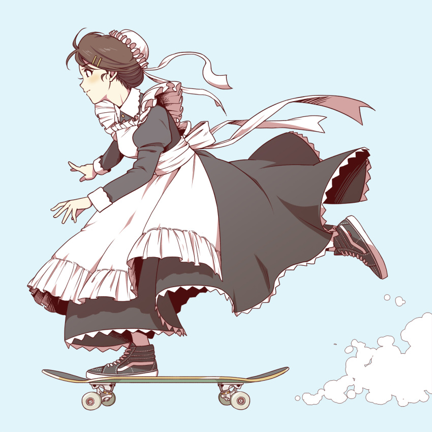 1girl apron blue_background blush brown_hair dust_cloud from_side full_body hair_bun hair_ornament hair_up hairclip highres maid maid_apron original profile shoes skateboard sneakers solo standing standing_on_one_leg suzushiro_(suzushiro333)