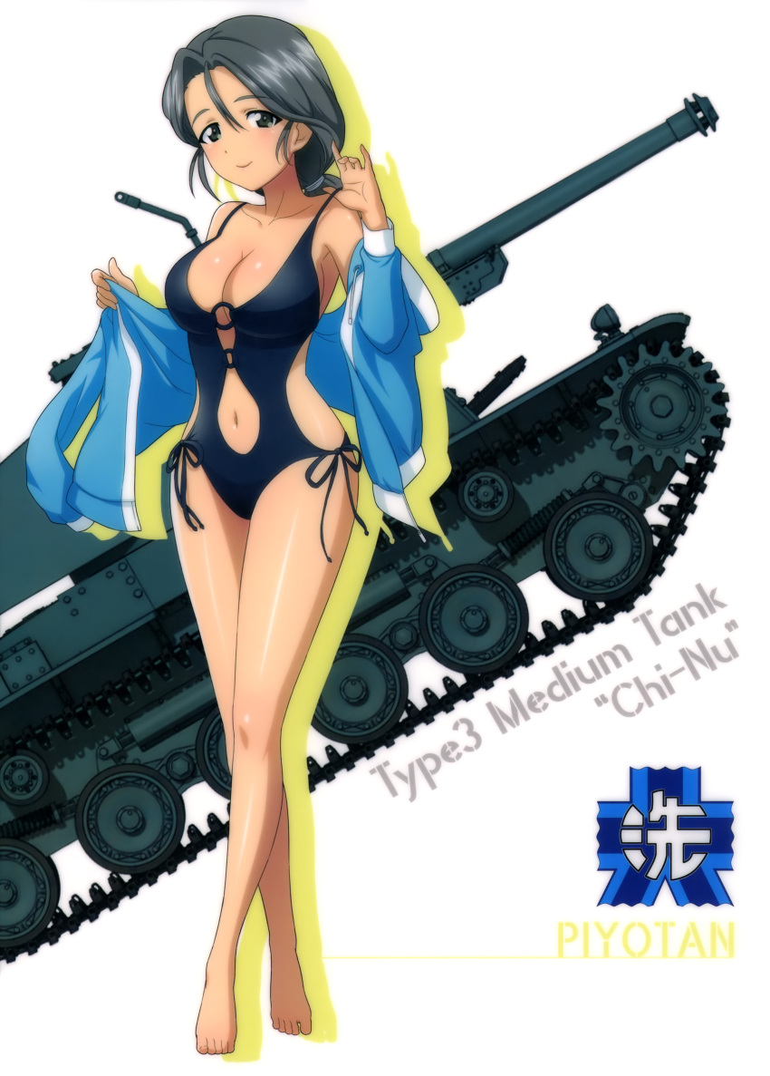 10s 1girl absurdres bare_shoulders black_eyes black_hair blue_sweater breasts cardigan casual_one-piece_swimsuit caterpillar_tracks character_name cleavage emblem full_body girls_und_panzer ground_vehicle hair_between_eyes hair_ornament highres large_breasts long_hair looking_at_viewer military military_vehicle motor_vehicle navel one-piece_swimsuit ooarai_(emblem) open_cardigan open_clothes piyotan shiny shiny_skin side-tie_swimsuit sideboob simple_background smile solo standing sweater swimsuit tank type_3_chi-nu white_background