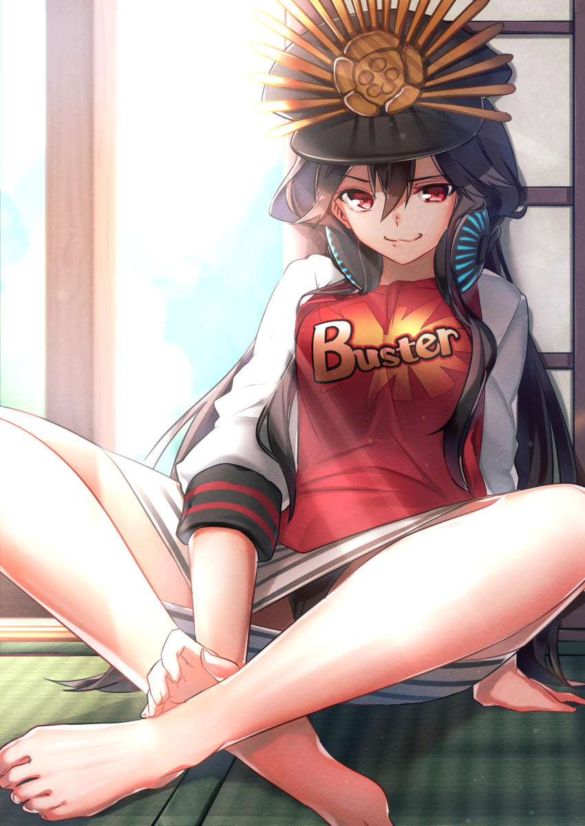 1girl absurdres ayamori_mimi black_hair breasts buster_shirt demon_archer fate/grand_order fate_(series) hat headphones headphones_around_neck highres koha-ace long_hair looking_at_viewer oda_nobunaga_(swimsuit_berserker)_(fate) peaked_cap red_eyes solo tatami very_long_hair