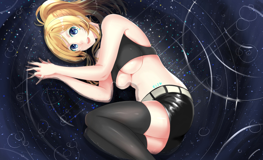 1girl ayase_eli black_legwear black_shorts blonde_hair blue_eyes breasts character_name crop_top eyebrows_visible_through_hair hands_up heart highres large_breasts legs_together long_hair looking_at_viewer love_live! love_live!_school_idol_project lying mahou_shounen on_side open_mouth own_hands_together ponytail ripples shorts sidelocks smile solo thigh-highs thighs under_boob