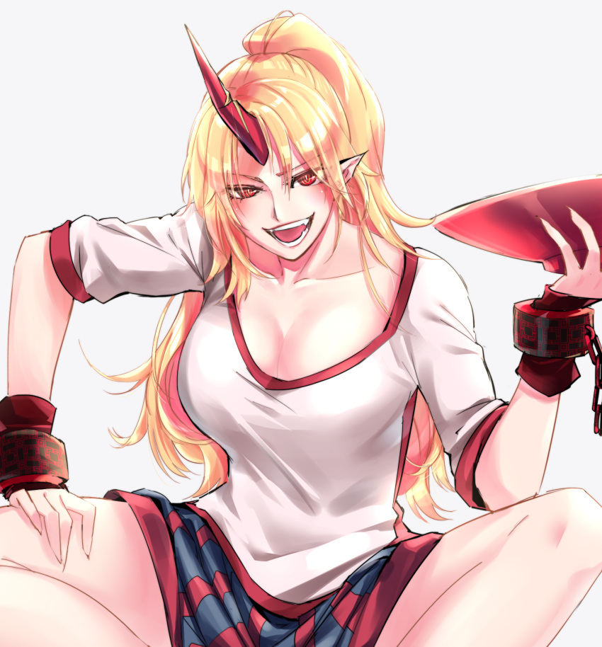 &gt;:d 1girl :d alternate_hairstyle blonde_hair blue_skirt breasts cleavage collarbone cuffs cup highres horn hoshiguma_yuugi indian_style large_breasts long_hair looking_at_viewer mappe_(778exceed) open_mouth pointy_ears ponytail red_eyes sakazuki shackles shirt sitting skirt slit_pupils smile solo touhou tsurime white_shirt