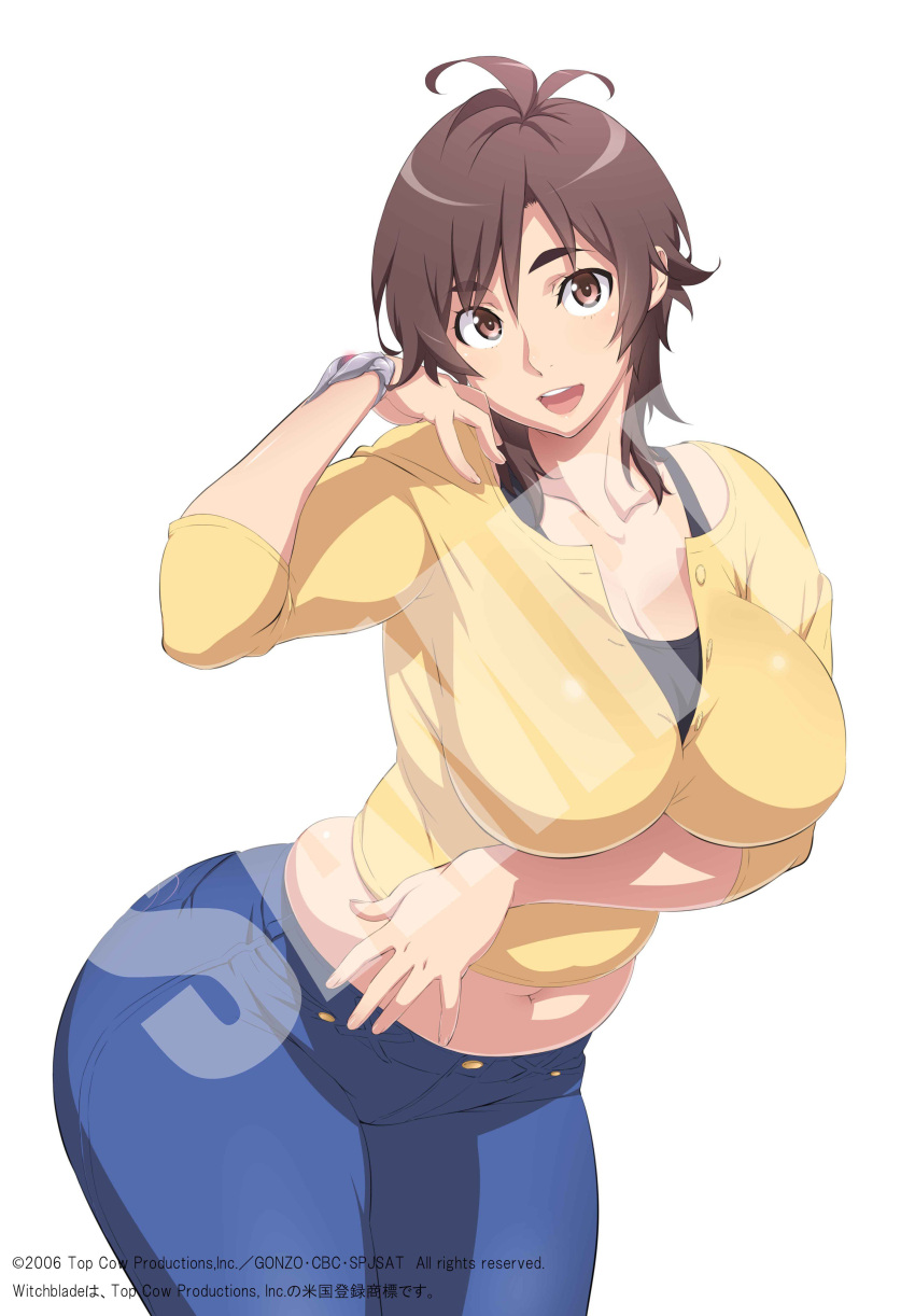 1girl :d absurdres amaha_masane antenna_hair belly bracelet breast_hold breasts brown_eyes brown_hair cleavage cowboy_shot eyebrows_visible_through_hair hand_on_own_shoulder highres jewelry large_breasts looking_at_viewer midriff navel official_art open_mouth plump sample short_hair smile solo thick_eyebrows uno_makoto witchblade