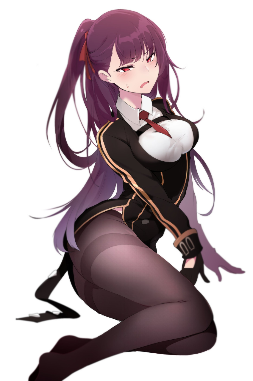 1girl absurdres between_breasts black_gloves blush breasts girls_frontline gloves highres long_hair medium_breasts necktie necktie_between_breasts no_shoes open_mouth pantyhose pocari_sweat_(artist) purple_hair red_eyes side_ponytail sweat wa2000_(girls_frontline) white_background