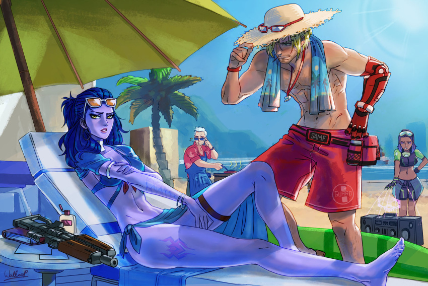 2boys 2girls apron beach beach_chair beach_umbrella dark_skin grilling grillmaster_76 highres lifeguard_mccree male_swimwear mccree_(overwatch) multiple_boys multiple_girls overwatch palm_tree purple_hair purple_skin radio sitting soldier:_76_(overwatch) sombra_(overwatch) sunglasses swim_trunks swimwear tan tree umbrella wallace_pires widowmaker_(overwatch)