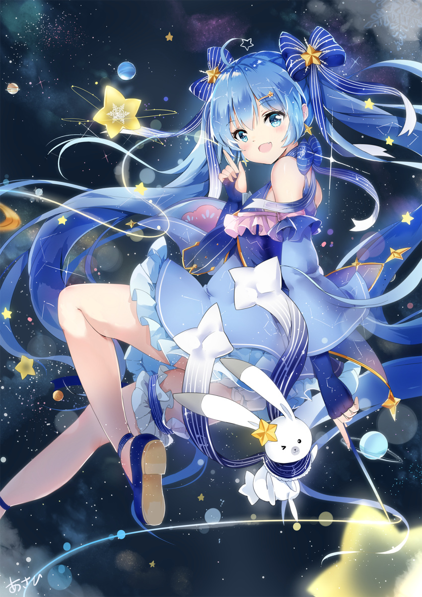 &gt;_o 1girl :d ahoge artist_name blue_eyes blue_hair earrings fang fingerless_gloves from_side gloves hair_ornament hairclip hatsune_miku highres index_finger_raised jewelry k.syo.e+ long_hair looking_at_viewer one_eye_closed open_mouth rabbit revision smile snowflakes star twintails very_long_hair vocaloid yuki_miku yukine_(vocaloid)