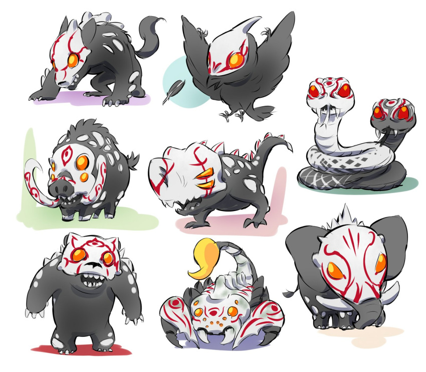 bear beowolf bird boar boarbatusk check_commentary chibi commentary commentary_request creep_(rwby) deathstalker elephant goliath_(rwby) grimm highres king_taijitu nevermore_(rwby) no_humans raven_(animal) rwby rwby_chibi scorpion snake ursa_(rwby)