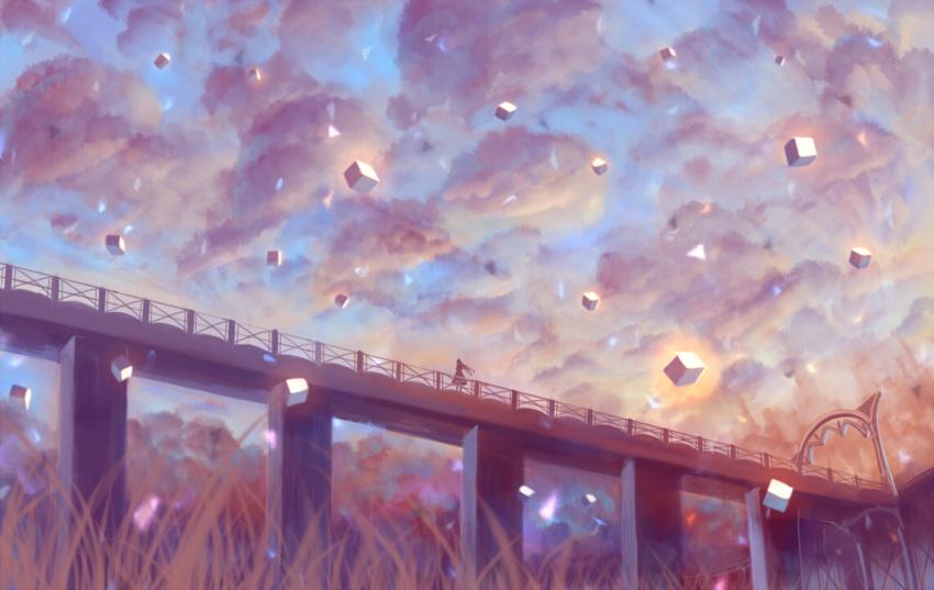 1girl bridge clouds cloudy_sky commentary_request cube fantasy grass long_hair magic original sakimori_(hououbds) scenery skirt sky solo standing