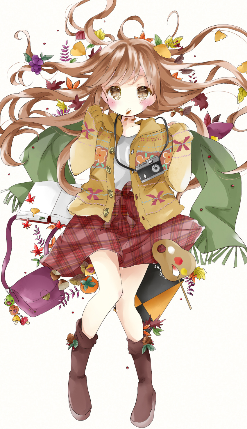 1girl acorn autumn autumn_leaves bag bag_charm blush book boots brown_boots brown_eyes brown_hair brown_sweater camera cardigan chestnut commentary eyebrows_visible_through_hair food fruit full_body grapes green_scarf handbag highres leaf long_hair long_sleeves looking_at_viewer maple_leaf mouth_hold mushroom no_socks open_book open_cardigan open_clothes orange original paint paintbrush palette pinecone plaid plaid_skirt print_sweater red_skirt scarf shirt shoulder_bag skirt sleeves_past_wrists solo sweater sweet_potato tsukiyo_(skymint) unmoving_pattern white_background white_shirt yakiimo