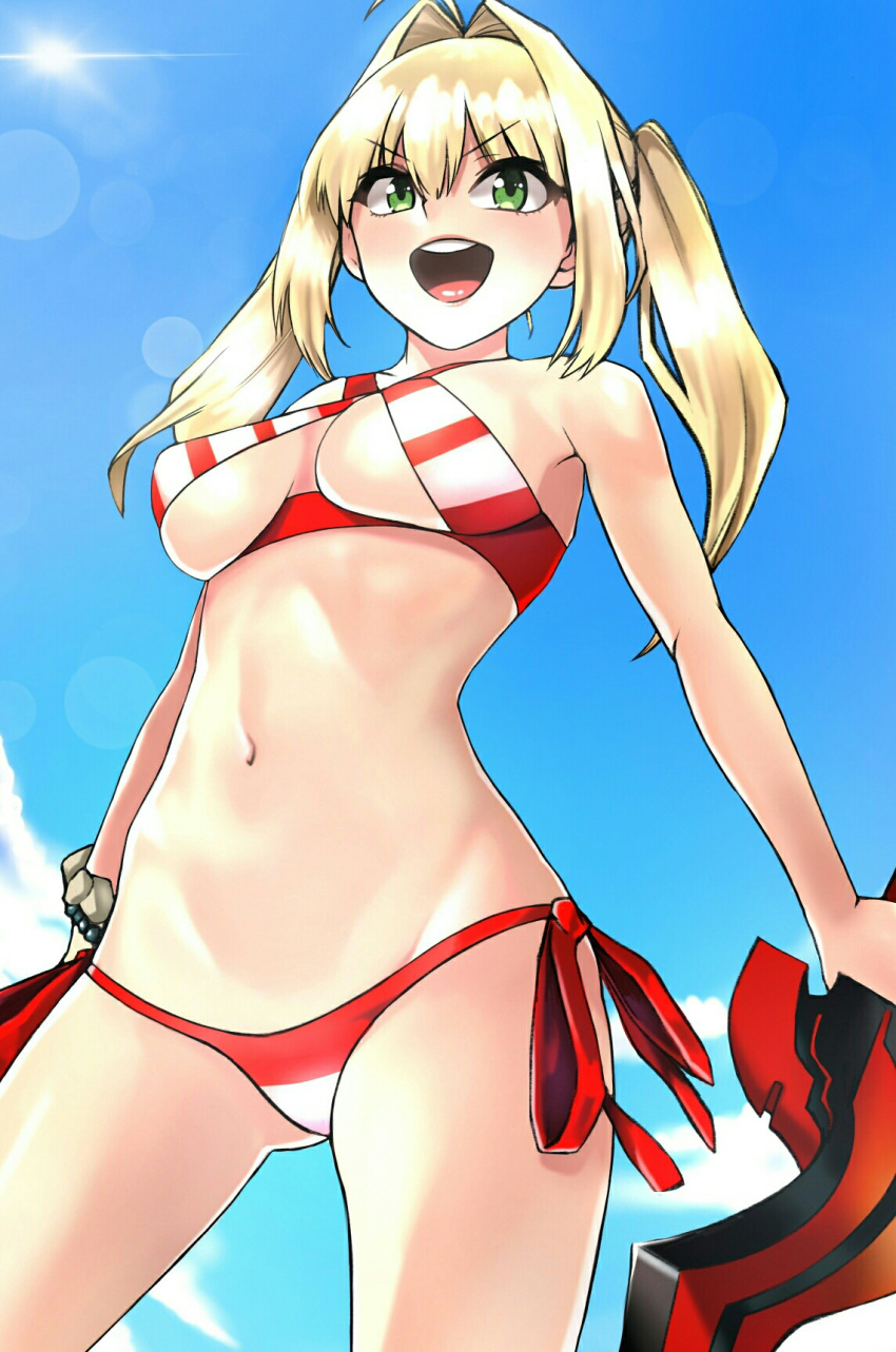 &gt;:d 1girl :d aestus_estus bikini blonde_hair bracelet breasts cowboy_shot day erect_nipples fate/grand_order fate_(series) from_below green_eyes hair_intakes halterneck highres jewelry lens_flare long_hair medium_breasts navel nero_claudius_(swimsuit_caster)_(fate) onaka_(pixiv11820960) open_mouth outdoors saber_extra side-tie_bikini sky smile solo striped striped_bikini sun swimsuit twintails under_boob