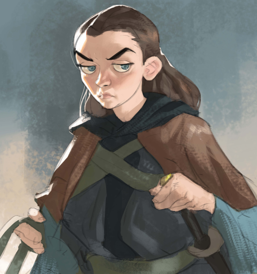a_song_of_ice_and_fire absurdres arya_stark blue_eyes brown_hair game_of_thrones highres ramonn90 rapier sword weapon