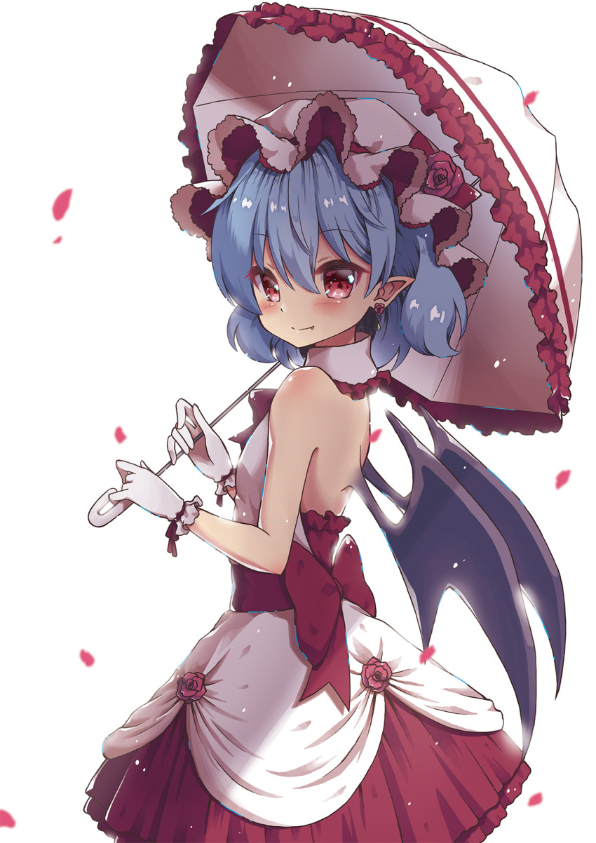 1girl alternate_costume bare_shoulders bat_wings beni_kurage blue_hair dress earrings fang_out flower gloves hair_between_eyes highres holding holding_umbrella jewelry looking_at_viewer looking_back open-back_dress parasol pointy_ears red_eyes red_rose remilia_scarlet rose sash simple_background smile solo touhou umbrella white_background white_dress white_gloves wings