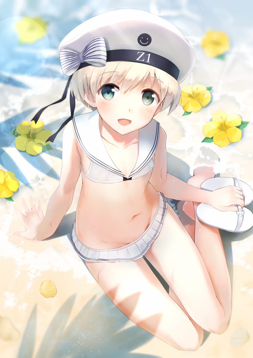 1girl :d barefoot beach bikini bikini_skirt blonde_hair blue_eyes cocolo_(co_co_lo) feet hat highres kantai_collection microskirt ocean open_mouth pleated_skirt sailor_bikini sailor_collar sailor_hat shoes_removed short_hair skirt smile solo swimsuit white_bikini white_hat white_sailor_collar white_skirt yellow_flower z1_leberecht_maass_(kantai_collection)