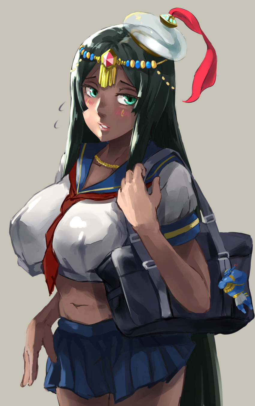 1girl bag black_hair bookbag breasts brown_background circlet erect_nipples fate/grand_order fate_(series) flying_sweatdrops green_eyes highres jewelry large_breasts lips long_hair looking_at_viewer midriff navel necklace parted_lips scheherazade_(fate/grand_order) school_uniform serafuku simple_background skirt solo thighs yasaidon