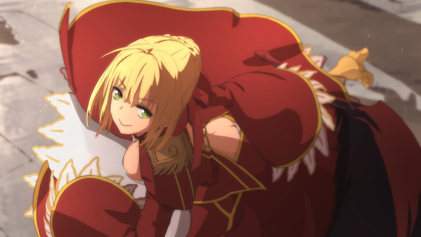 10s aestus_estus ahoge all_fours armor armored_boots ass back_cutout blonde_hair boots braid breasts butt_crack cleavage dress epaulettes fate/extra fate_(series) full_body green_eyes hair_intakes on_knee red_dress saber_extra smile sonri sword weapon