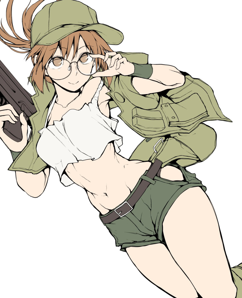 1girl adjusting_glasses bare_shoulders baseball_cap belt brown_eyes brown_hair buckle fio_germi garakuta glasses gun handgun hat highres metal_slug midriff military off_shoulder ponytail shorts smile vest weapon white_background wristband