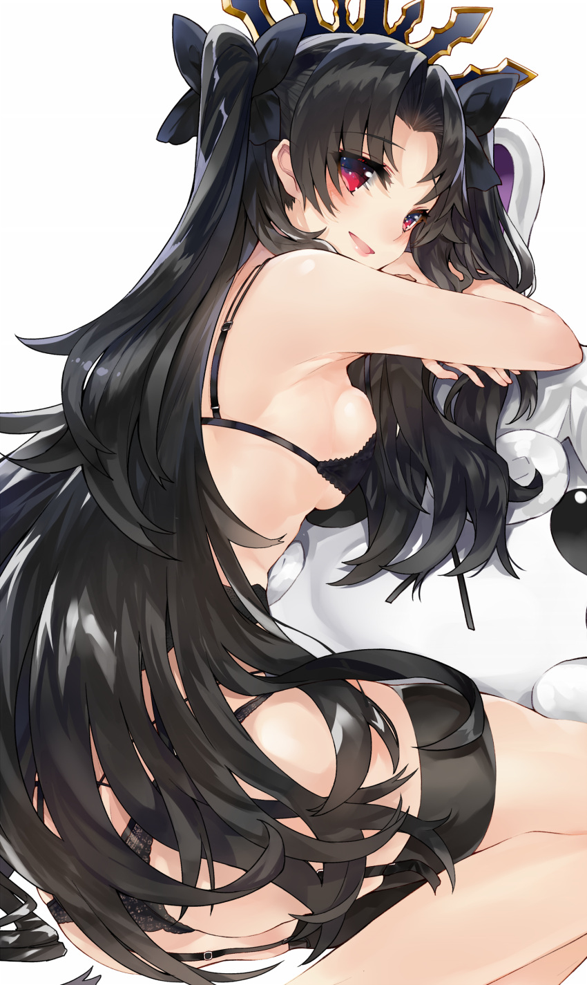 1girl :d absurdres armpits ass bangs bare_arms bare_shoulders black_bra black_hair black_panties black_ribbon bra breasts commentary_request crown eyebrows_visible_through_hair fate/grand_order fate_(series) feet_out_of_frame garter_belt hair_ribbon highres ishtar_(fate/grand_order) kou_mashiro lips long_hair looking_at_viewer open_mouth panties parted_bangs red_eyes ribbon shiny shiny_hair sideboob simple_background small_breasts smile solo stuffed_animal stuffed_toy thigh_strap tohsaka_rin two_side_up underwear underwear_only very_long_hair white_background