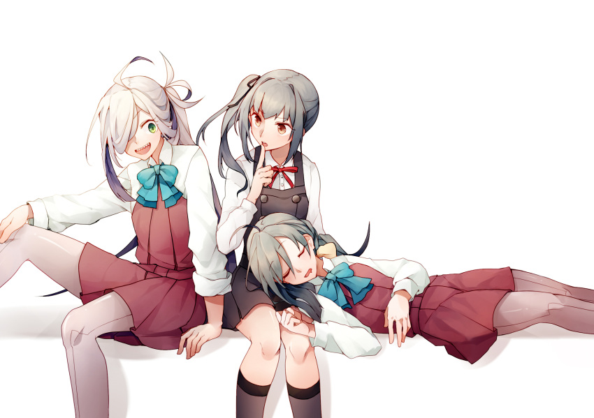 3girls asashimo_(kantai_collection) brown_eyes closed_eyes dress green_eyes grey_hair grey_legwear hair_between_eyes hair_over_one_eye highres index_finger_raised kantai_collection kasumi_(kantai_collection) kiyoshimo_(kantai_collection) lap_pillow long_hair long_sleeves low_twintails multiple_girls nan_(nanyayyay) open_mouth pantyhose pinafore_dress ponytail purple_legwear remodel_(kantai_collection) sharp_teeth shirt side_ponytail silver_hair sleeping teeth twintails white_shirt